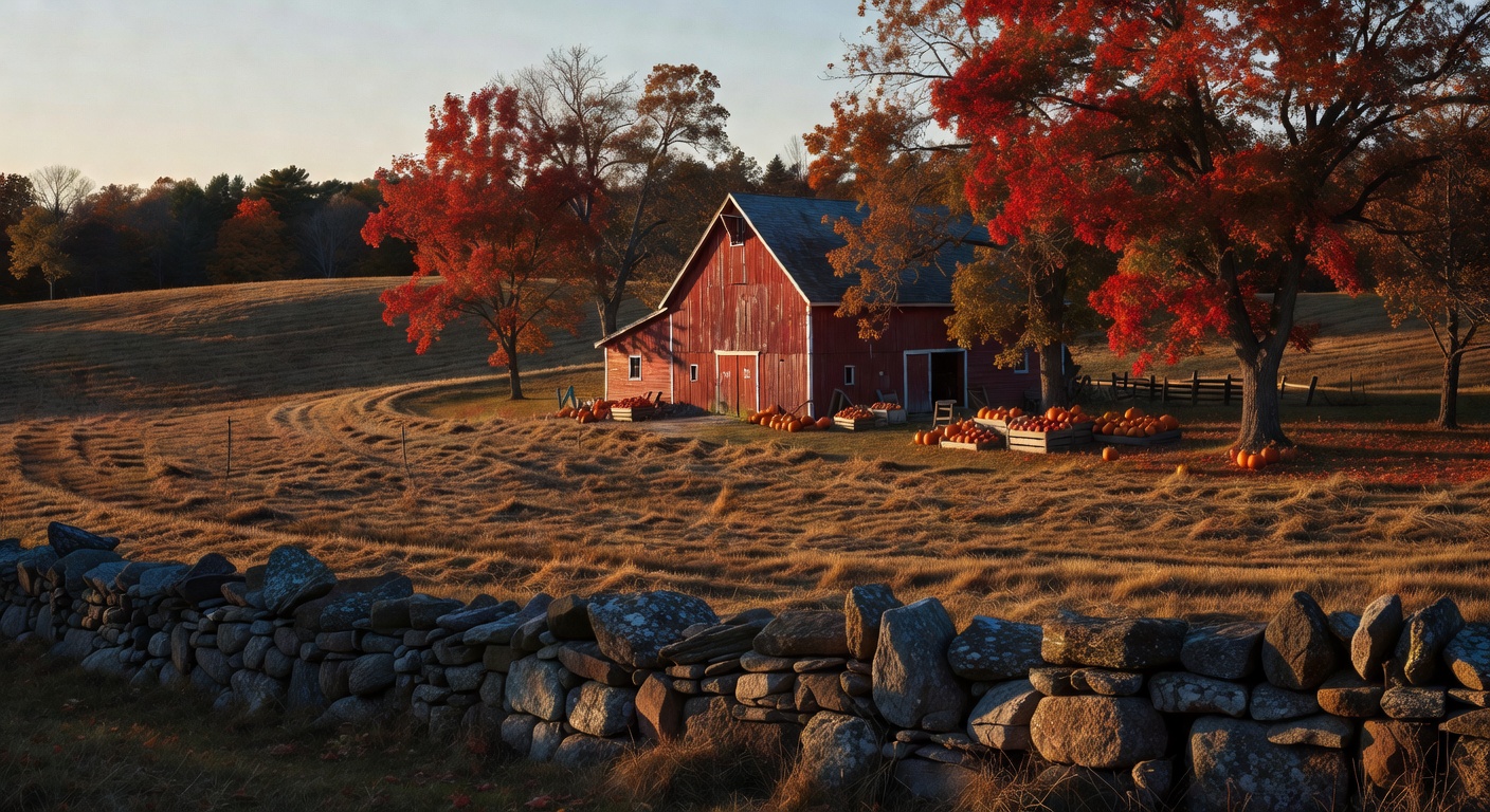 A New England autumn farm and stone wall